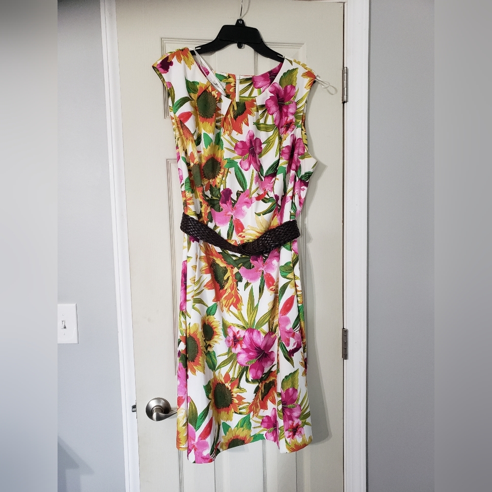 Dress Barn White Floral Dress with Pink & Yellow Blooms